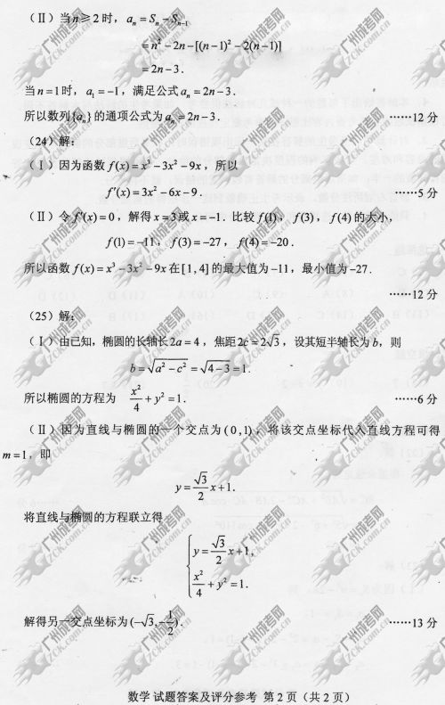 上海市成人高考2014年统一考试数学真题B卷参考答案